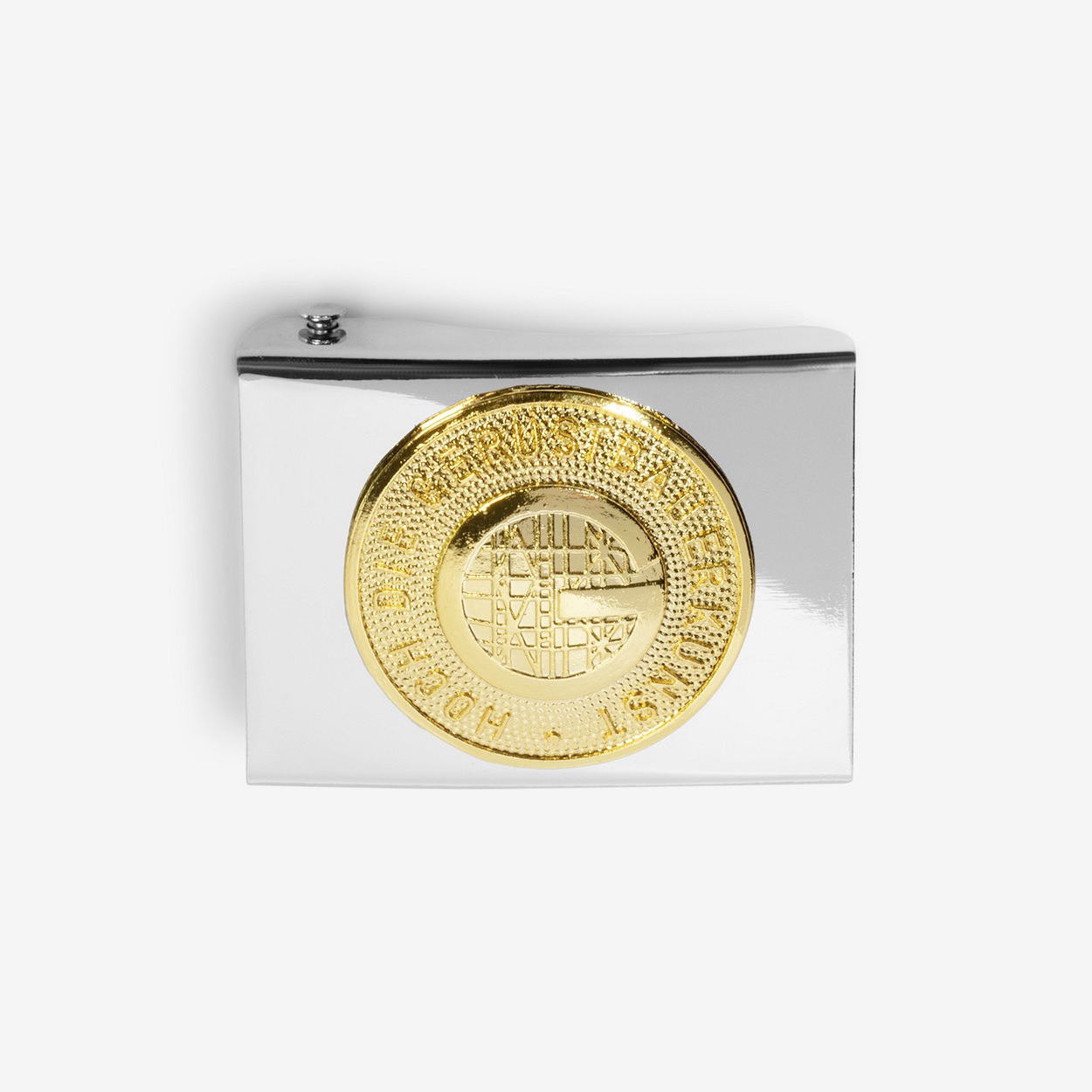 Koppelschloss Guertelschnalle silber mit Zunftemblem in gold
