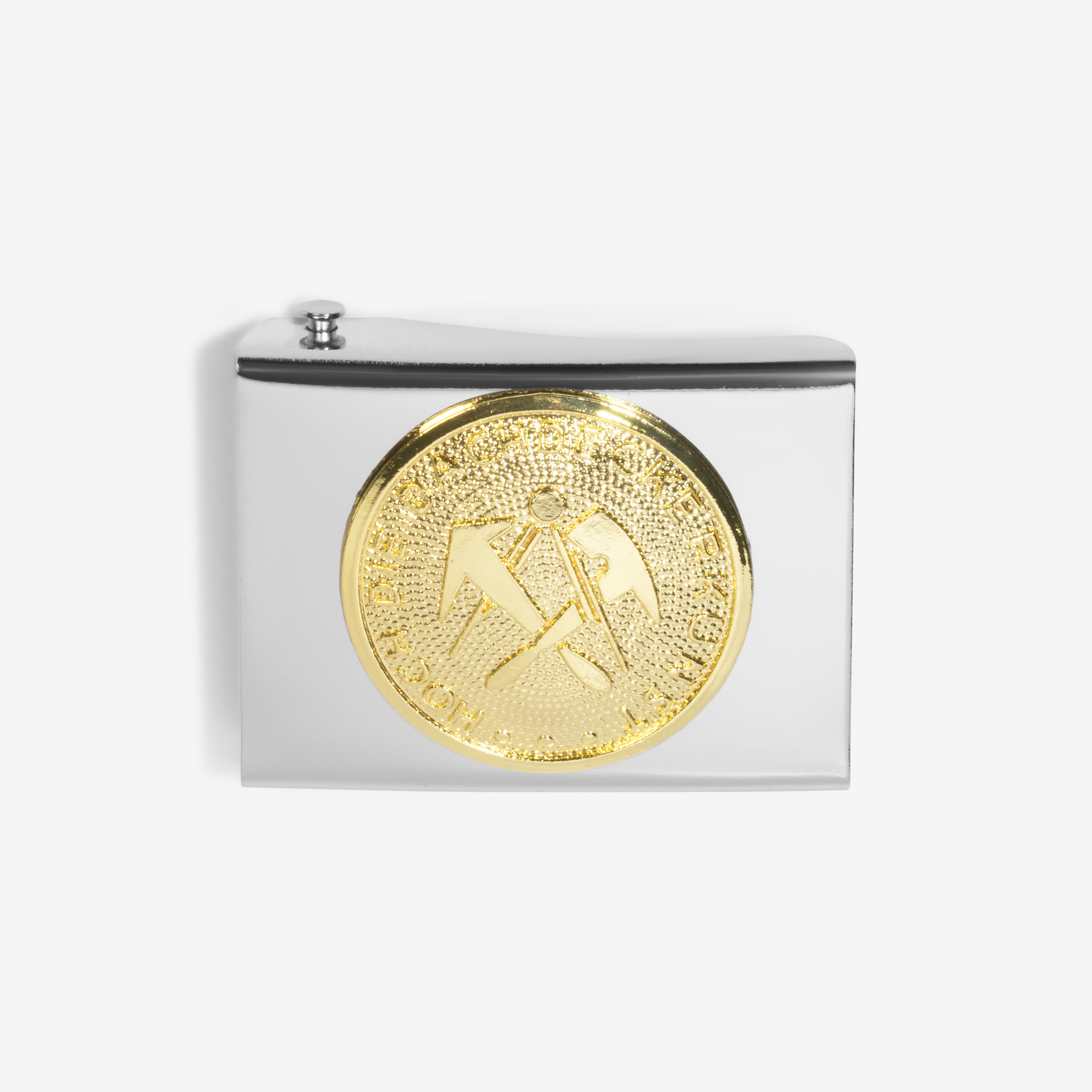 Koppelschloss Guertelschnalle silber mit Zunftemblem in gold