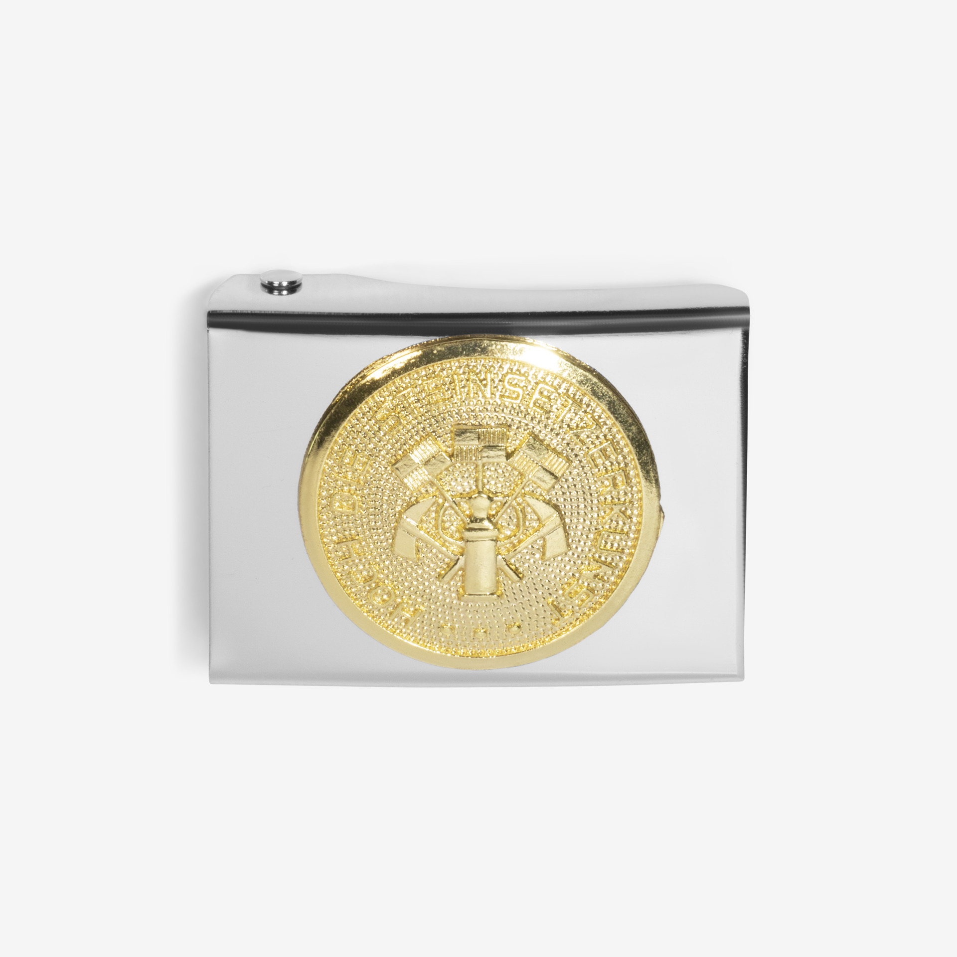 Koppelschloss Guertelschnalle silber mit Zunftemblem in gold